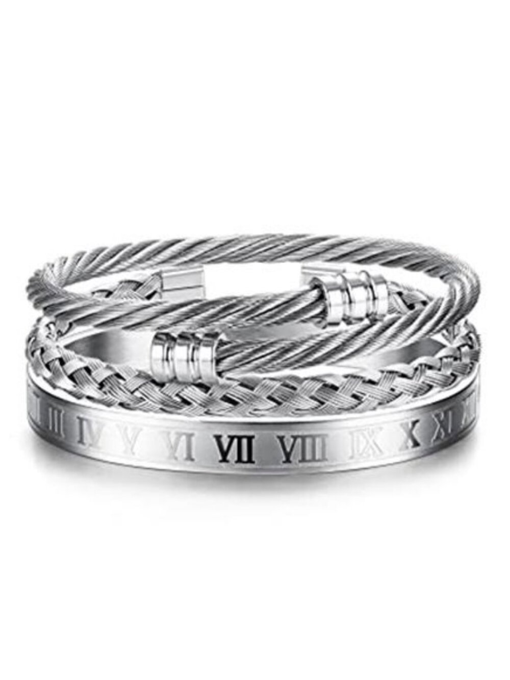 Cool 3Pcs Stainless Steel Bracelets for Men Roman Numeral Bangle Bracelet